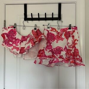 SHEIN Two Piece Small Ruffled Pink and Orange Paisley Pattern Skirt Set